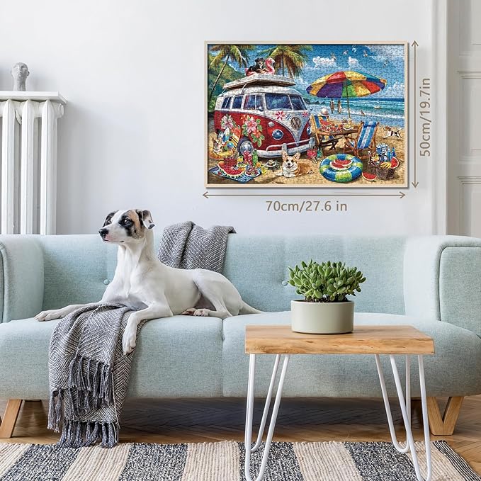 Summer Beach Ocean Puzzle for Adults 1000 Pieces, Funny Dog Seaside Camping Jigsaw Puzzle, Hawaii Nature Scenery Puzzle for Home Decor