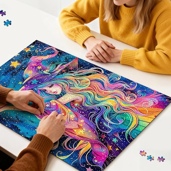 ROSE RAIN Premium 500 Pieces Jigsaw Puzzles for Adults with Letters on Back Dust-Free Thick HD Board Colorful Fantasy Witch Girl Moon Stars Art Mindfulness Educational Fun Gift