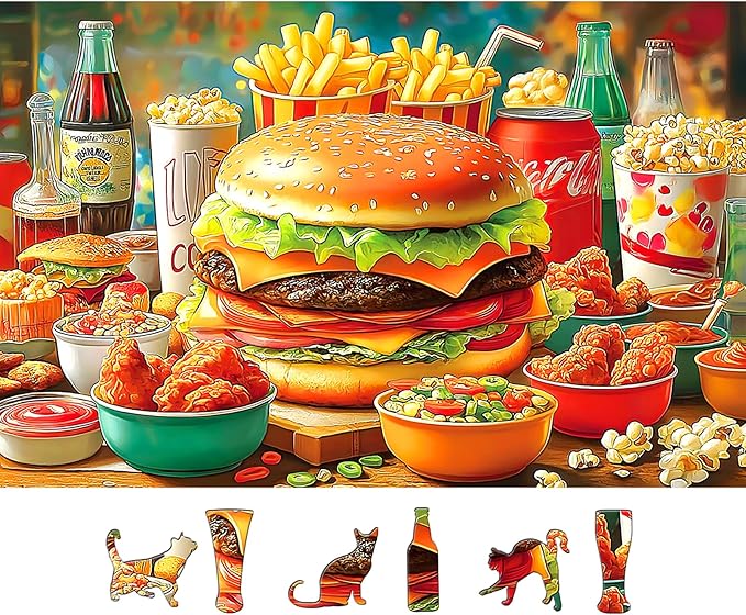 500 Piece Jigsaw Puzzle for Adults, Colorful Fast Food & Unique Cat/Drink Shaped Pieces, Fun Family Activity & Gift Idea for Food Lovers