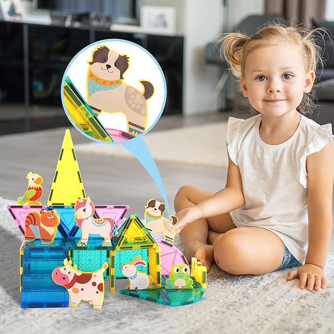 PicassoTiles Magnetic Tiles 8 Character Farm Animal Accessory Add on Set Compatible with Picasso Magnet Tile Playsets Pretend Play Preschool Toy STEM Educational Toys for Learning Kids Ages 3+ PTA27