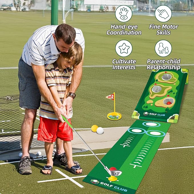 Liberry Kids Golf Set Aged 3 4 5 6 for Boys Girls, Retractable Toddler Golf Clubs Set with Putting Mat & Cornhole Board, Outdoor Indoor Sports Toy Birthday Gifts