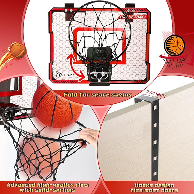 Adjustable Height Basketball Hoop Indoor with LED Lights, Basketball Toys Gifts for 5 6 7 8 9 10+ Year Old Boys Kids, Indoor Over The Door Mini Basketball Hoops with Electronic Scoreboard & 3 Balls