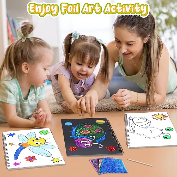 Foil Craft Bugs Butterfly DIY Art Fun Kits Set, No Mess Creative Foil Art Drawing Game for Kids, Birthday Gifts Crafts Supplies Travel Toys for Girls Boys Ages 4-9