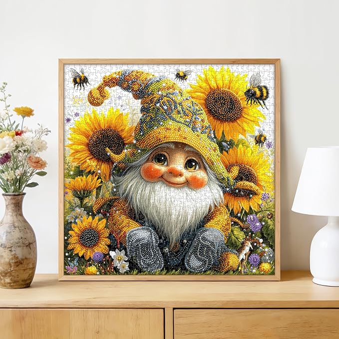 Sunflower Gnome 1000 Piece Jigsaw Puzzle for Adults - Whimsical Garden Scene with Bees & Jewels, Poster & Lettered Back, 22.8" Square HD Quality, Unique Gift for Gnome & Nature Lovers