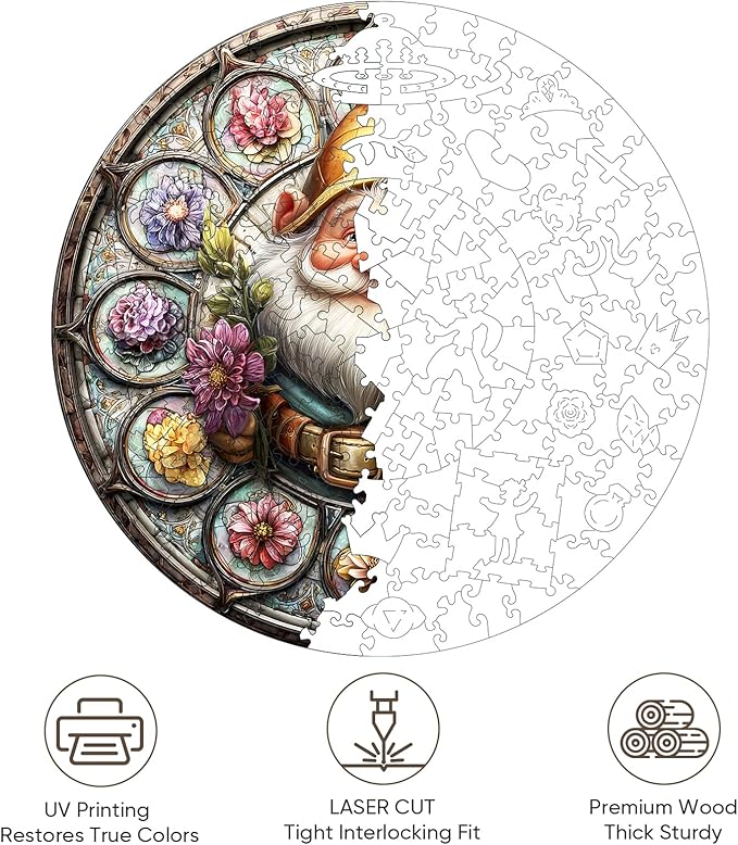 Mocfesk Gnome Wooden Puzzles for Adults and Kids, Dwarf Jigsaw Puzzles for Grandkids, Unique Shaped Puzzles 200 Pieces with Exquisite Wooden Box 11.2'' x 11.2''