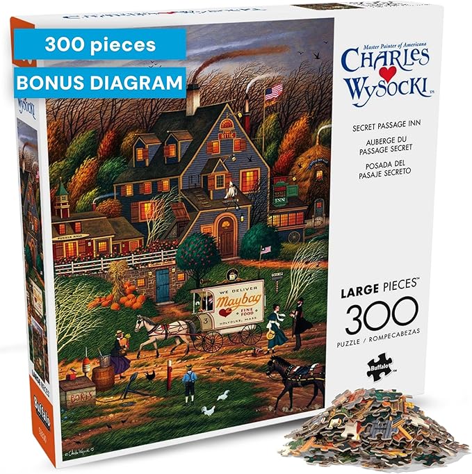 Buffalo Games – Charles Wysocki Secret Passage Inn 300 Piece Jigsaw Puzzle for Adults with Full-Color Reference Poster