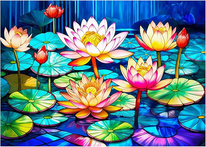 1000 Pieces Stained Glass Puzzle for Adults, Rocorose Waterlily Flower Jigsaw Puzzle, Impossible Hard Difficult Challenging Colorful Lotus Family Puzzle Gift for Game Night
