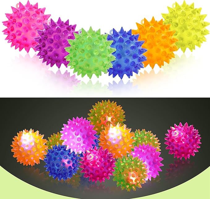 6 Pack Glow in The Dark Stress Relief Squishy Sensory Spiky Balls Toys, Kids Rubber Squeeze Colorful LED Flashing Fidget Ball for Party Favors, Pets or Massage