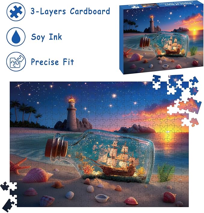 Puzzles for Adults 500 Pieces, Lighthouse Jigsaw Puzzles - Bottle of Stars, Impossible Beach Sailboat Puzzle for Seniors Families, 20.47x14.96 Inches, 1:1 Poster, Letter On The Back