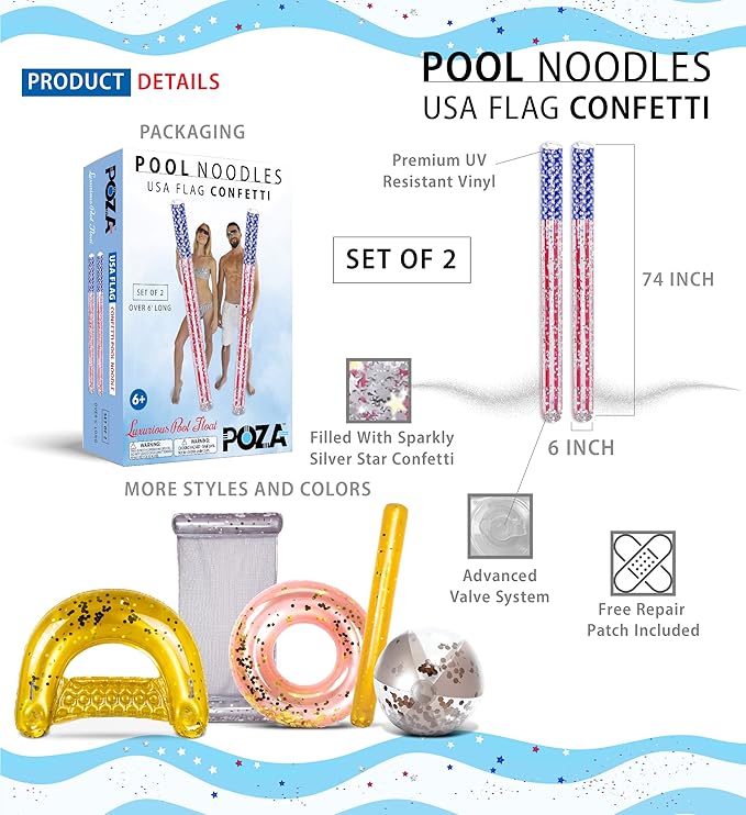 POZA Inflatable USA Pool Float - Luxurious Fun Lounger Filled with Sparkle Silver Stars Confetti, Cool USA Flag Design Water Swimming Pool Floaties for Beach, Lake & Pool