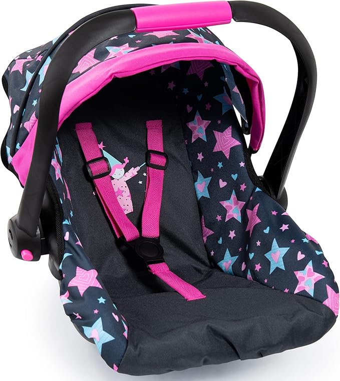 Bayer Doll Car Seat for 18 Inch Dolls, Toy Car Seat with Sun Canopy, Turquoise Pink Stars, Ages 3+