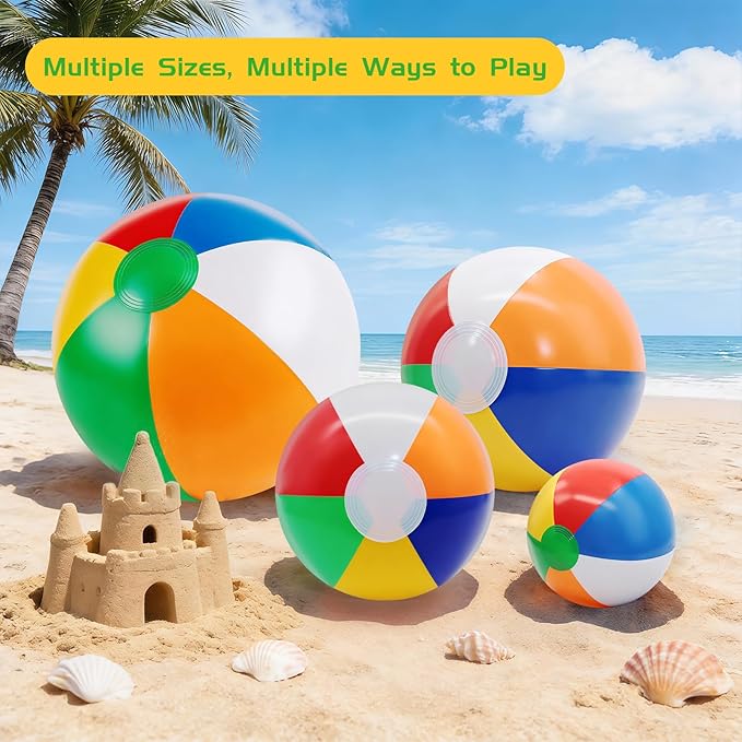 16 Pack Assorted Inflatable Beach Balls (8", 14", 16", 24"), Rainbow Beach Balls Colorful Blow Up Sport Balls for Swimming Pool, Beach, Summer Party Decor & Outdoor Activity