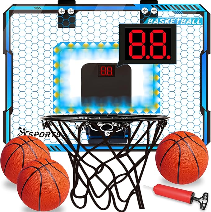 Basketball Hoop Indoor with LED Lights, Basketball Toys Gifts for 5 6 7 8 9 10+ Year Old Boys Kids, Indoor Over The Door Mini Basketball Hoops with Electronic Scoreboard & 3 Balls