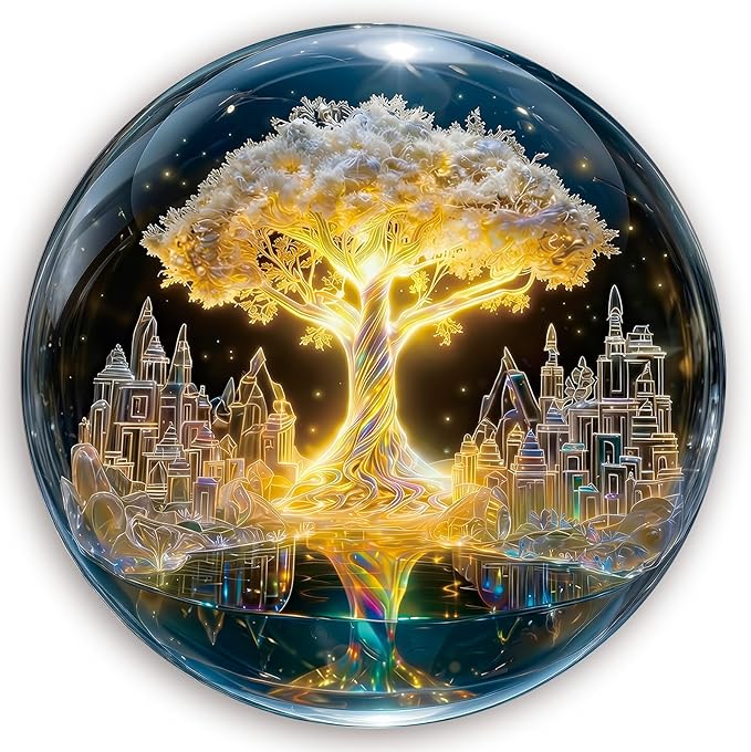 Round Jigsaw Puzzle 1000 Pieces - Tree of Life in Crystal Ball - 26.6" Fantasy Galaxy Design, Neon-Style Aesthetic Art, Mindful Activity Gift for Adults & Teens