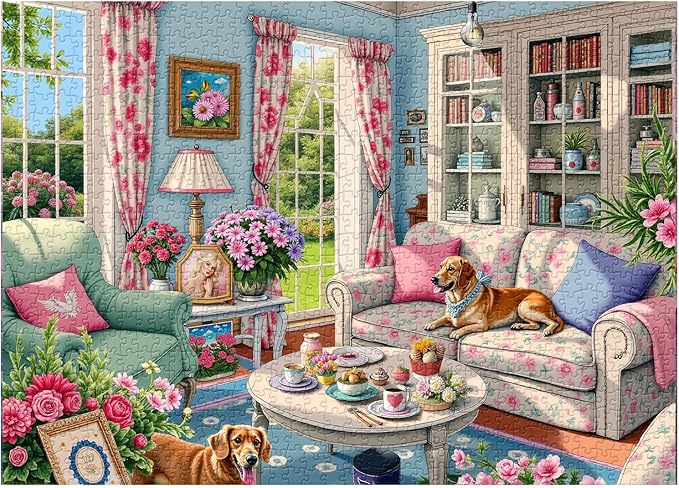 Living Room Puzzle 1000 Pieces for Adults, Flower Dog Jigsaw Puzzle, Challenging Floral Room Puzzle as Wall Decor