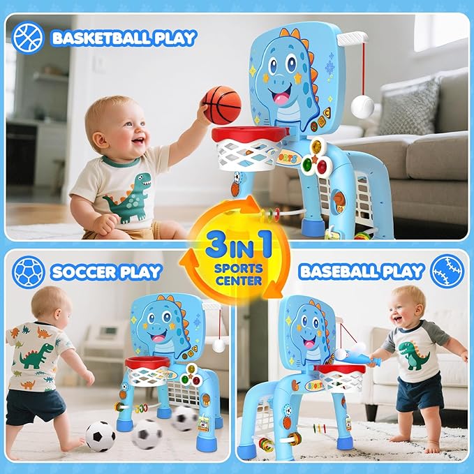 Toys For 1 Year Old Boy - Toddler Basketball Hoop&Soccer Goal&Baseball Sport Activity Center,Montessori Sensory Musical Toy With Light,Christmas Birthday Gift for Age 12-18 Month(Sky Blue Dinosaur)