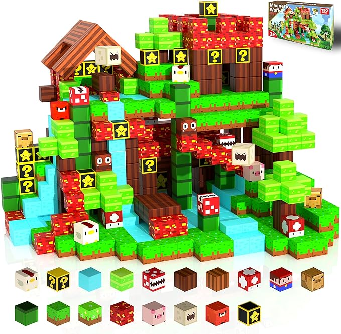 Magnetic Building Blocks Sandbox World Set, 150PCS Pixel Magnet Tiles with Characters & Waterfall Scene, STEM Educational Construction Toys for Kids 3+, Creative Birthday Gift for Boys & Girls