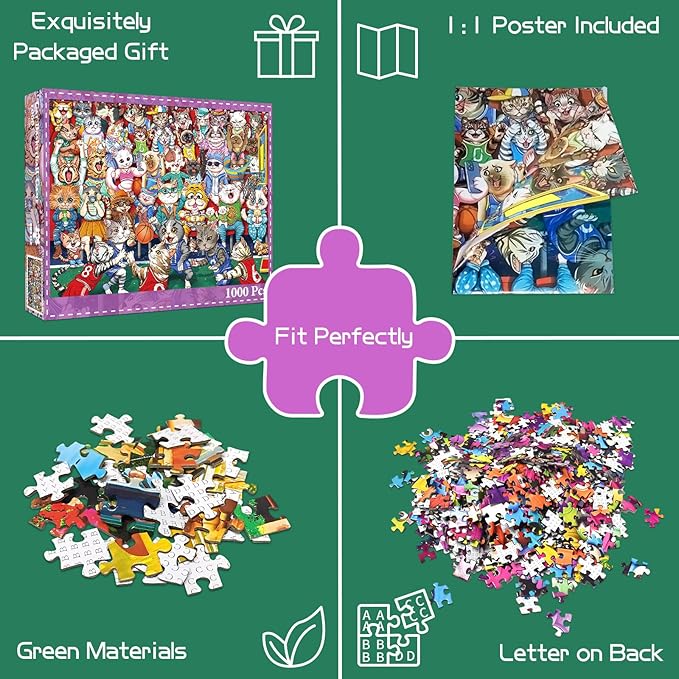 Puzzles for Adults 1000 Pieces, Cat Basketball Fun Jigsaw Puzzles Challenging Game, Puzzles Interlock Perfectly No Dust, for House Decoration, Party Toy for Parents