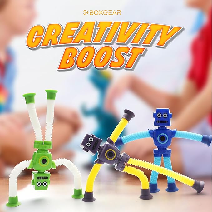 Boxgear 4 Pieces LED Telescopic Suction Cup Giraffe Toy, Shape Changing Telescopic Tube Fidget Toys, Pop Tubes, Fidget Tubes Sensory Toys for Girls Boys (Robot)