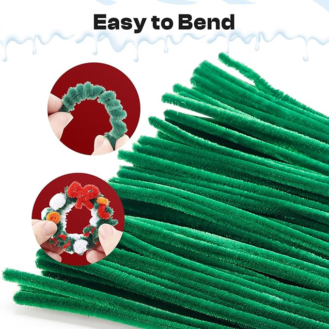 Caydo 200 Pieces Dark Green Pipe Cleaners Craft for Easter Decoration, Fluffy Chenille Stems Bulk for Kids Art Craft Projects, 12 Inch x 6 mm