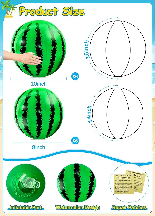 [ 10''+8'' ] 12 Pack Watermelon Beach Balls Bulk, Inflatable Mini Beach Ball for Kids Swimming Pool Toys Birthday Party Favors Outdoor Summer Essentials Water Toys,Fruits Theme Pool Party Decorations