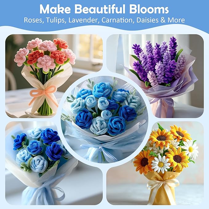 500 Pcs Pipe Cleaners Craft Kit for Flower Making, Complete DIY Bouquet Set with Chenille Stems, Craft Wire, Stamen, Tape, Ribbon & More, Perfect for Arts, Handmade Gifts & Decorations