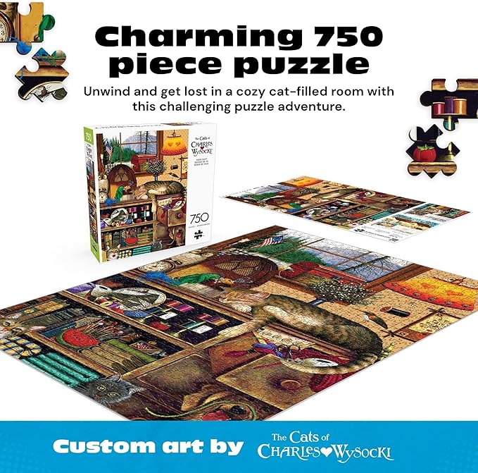 Buffalo Games – Charles Wysocki Yarn Duty 750 Piece Jigsaw Puzzle for Adults, Cozy Cat Americana Artwork, Made in USA