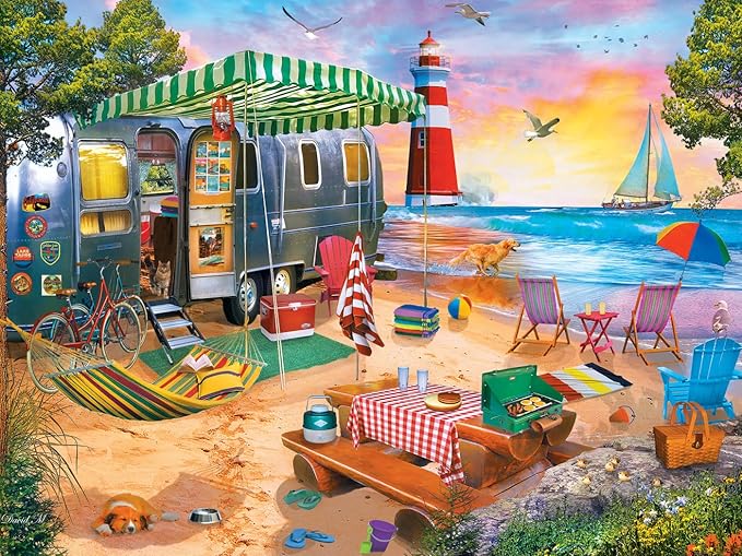 MasterPieces - 300 Piece Jigsaw Puzzle, Large EZ Grip Shapes, Oceanside Camping, Fun for Adults, Seniors, Family, Kids, Non-Glare Finish, 18"x24"