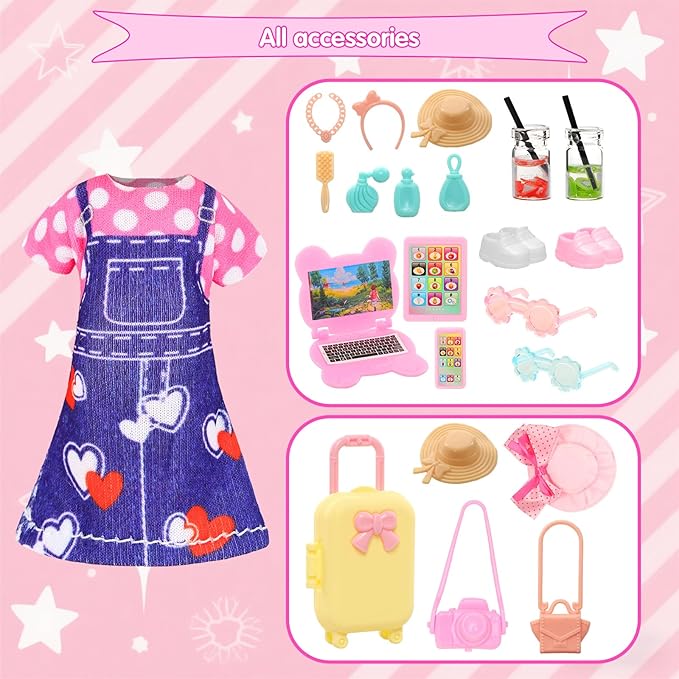 Miunana 27 Pcs Doll Suitcase Luggage Travel Clothes and Accessories for 6 inch Dolls , Including 1 Suitcase 6 Clothes 1 Glasses 19 Travel Accessories