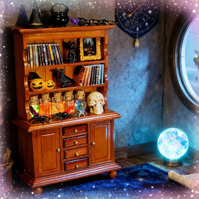 Rileryan 53 Pcs 1:12 Scale Magic Witchy Mini House Kit Halloween Miniatures Accessories Wooden Furnitures Bookshelf Bookcase 30 Mini Books Halloween Decoration