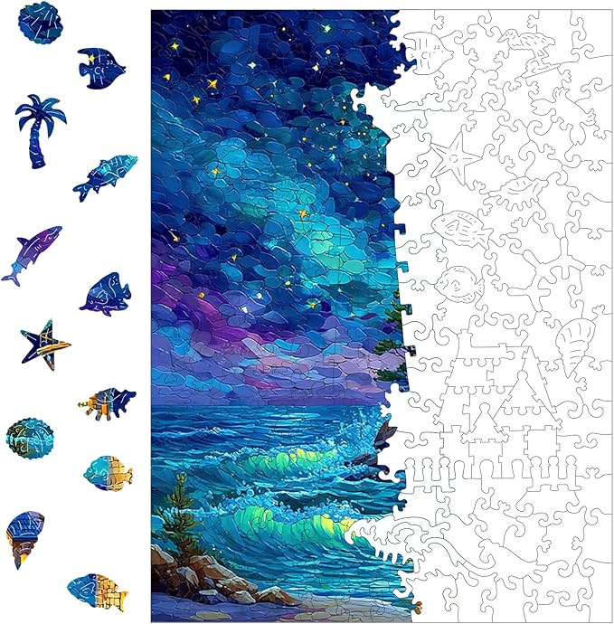 Jiroinlly Wooden Puzzles for Adults 200 Pieces, Night Lighthouse, 5MM Thick Adult Jigsaw Puzzles, Unique Shaped Puzzle for Family and Friends, Home Wall Decor, Exquisite Packaging Gift, 8.9x11.8 in
