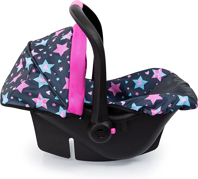 Bayer Doll Car Seat for 18 Inch Dolls, Toy Car Seat with Sun Canopy, Turquoise Pink Stars, Ages 3+