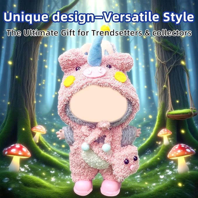 Clothes for Labubu 17cm Doll (NO Doll), 6 Piece Labubu Clothes Set, Cute Labubu Outfits with Accessories, Handmade Crochet La Bubu Doll Dress Up Set（Pink Elephant）