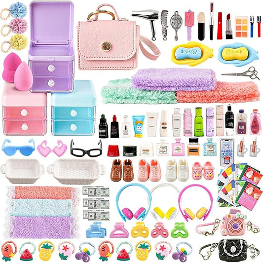 116Pcs Dollhouse Mini Accessories Set - Makeup Tools Bathroom Toiletries Handbag for DIY Micro Scene Decoration Simulation Shampoo Hair Dryer Cosmetic Brush for Bedroom Girl Novelty Toy Jewelry Box