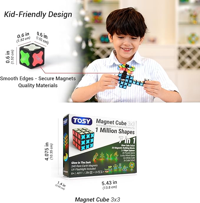 TOSY Magnet Cube 3x3 - 30 Blocks, 240 Magnets, Easter Basket Stuffers for Kids, Multipurpose: Creative Building Blocks, Transformable Fidget Spinner, Puzzle/Infinity Cube, Glowing STEM Toy