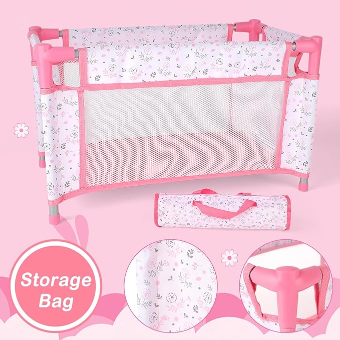 deAO Baby Doll Stroller Crib Bed Nursery Role Play Set Baby Doll Accessories and Play Mat,Travel Cot,Bouncer,Foldable Stroller and Travel Bag Birthday for Girls Boys Kids