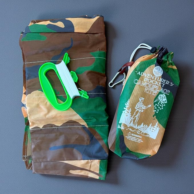 Pocket Camouflage Kite - Foldable Pocket Version with Storage Pouch & Carabiner Clip - Easy to Fly Nylon Kite for Kids & Adults Outdoor Beach & Park Toy