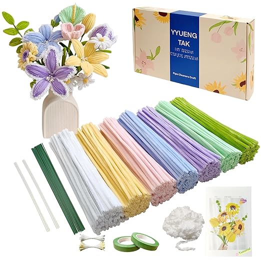 YYUENGTAK 350 Pcs Pipe Cleaners Flower kit（Macarons） with tutoria,Fluffy Yarn,Green Floral Wires,Gardening Tape,100 Stamens，Pipe Cleaners Craft,Chenille Stems for DIY Art Projects Creative Gift Decor