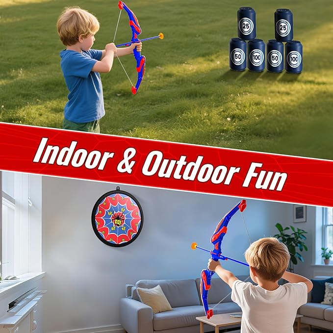 Spider Bow and Arrow Set for Kids, Led Light Up Kids Archery Set with Quiver & Web Target, 10 Suction Cup Arrows & another 3 Target Cans, Birthday Gift toys for 3 4 5 6 7 8 Year Old Boys Girls