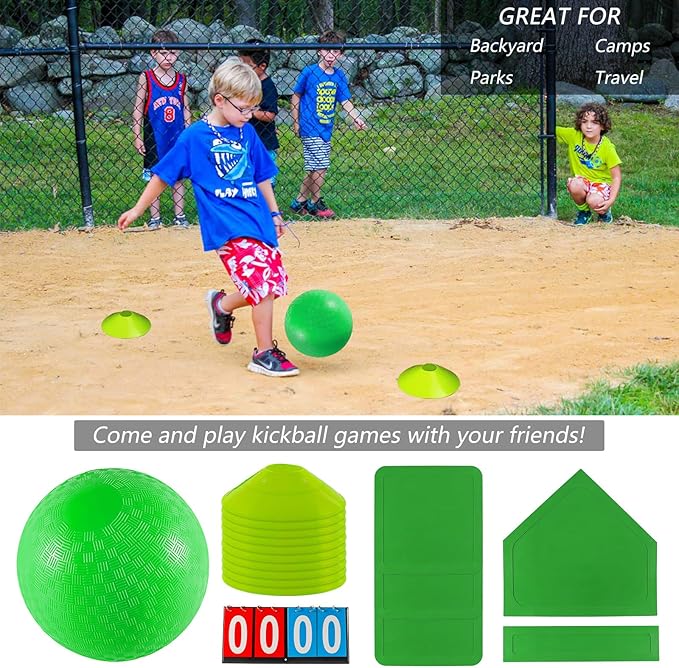 Kickball Set with Bases and Ball - 8.5" Kickball, Rubber Throw Down Bases, Sports Traning Cones, 12" Pump and 14" Scoreboard - Perfect for Kids and Adults - Playground and Backyard Game