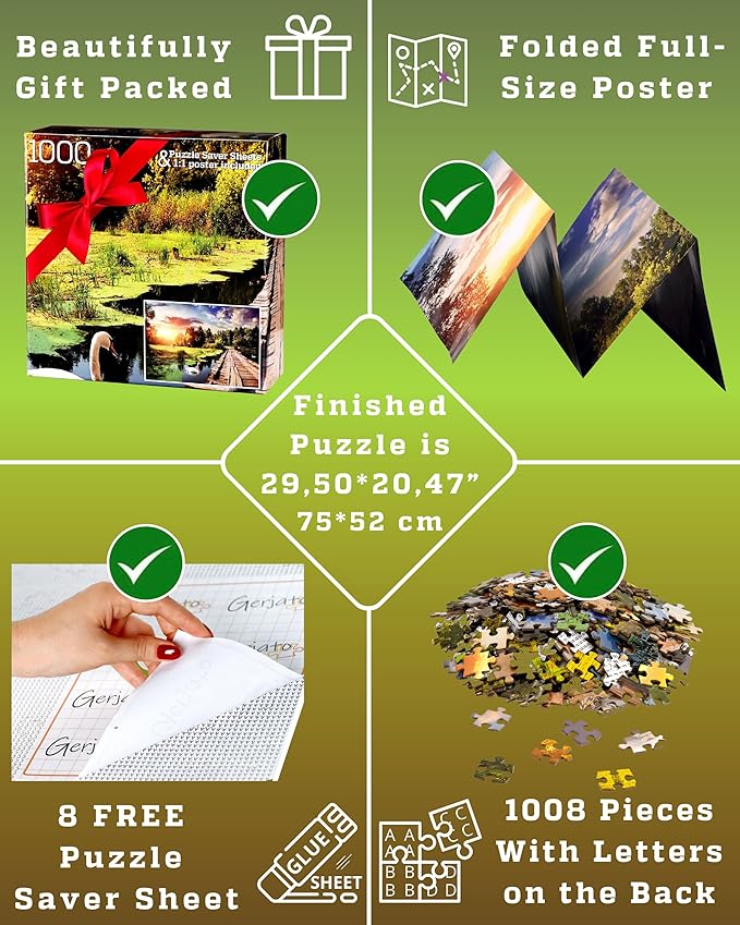 1000 Piece Puzzle for Adults - Golden Hour Lake with Wooden Bridge & Swans, Gift-Ready Box, Letters on Back, 8 Jigsaw Puzzle Saver Sheets & Full-Size Poster by GERJATO - Ideal Gift for Loved Ones