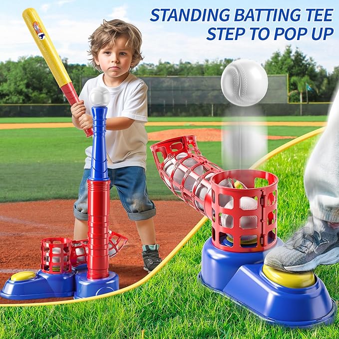 2 in 1 T Ball Sets for Kids 3-5,Tee Ball Set with 10 Balls,Step on Pitching Machine,Teeball Batting Tee,Baseball Toys Outdoor/Indoor Sport Toys Gift for 3 4 5 6 7 8 Year Old Kids Boys Girls
