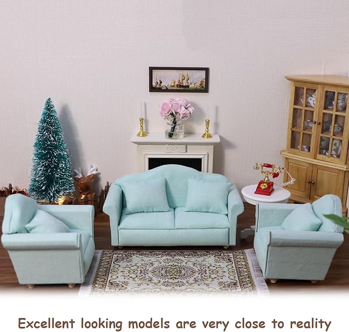 Dollhouse Couch Miniature Furniture Sofa with Pillows for Living Room Desktop Decoration Fabric Sofa Mini Home Scene Accessories Ornament (Double Sofa, Green)