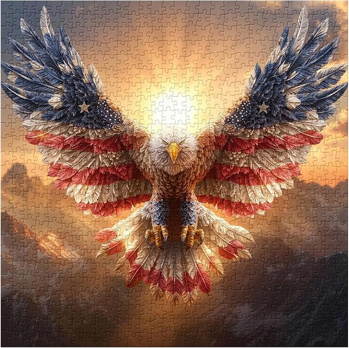 American Flag Eagle Puzzles for Adults 1000 Pieces, Nature Bird Bald Eagle Sunset Landscape Jigsaw Puzzle, Majestic Patriotic Freedom Wings Art Puzzle, Challenging United States Themed Puzzle