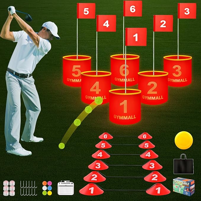 Golf Yard Bucket Games, 6 Holes Bucket Backyard Golf Game Set with LED Light and Flags for Adults & Kids Indoor Outdoor, Golf Practice Gift for Backyard, Park, Beach and Lawn