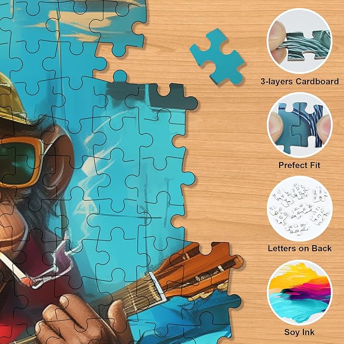 Guitar Monkey Puzzles for Adults 500 Pieces - Funny Gorilla Jigsaw Puzzle, Colorful Monkey Art Puzzle with Letters on Back, Challenging Hard Difficult Cartoon Animal Puzzles as Game Room Home Decor