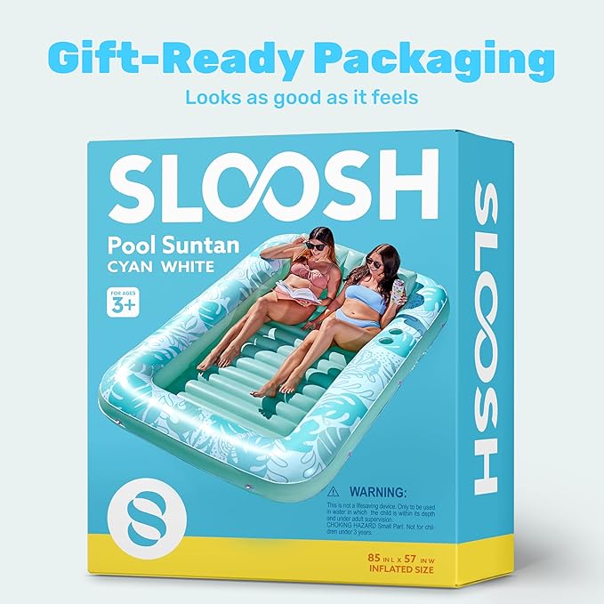 SLOOSH Inflatable Tanning Pool Lounger Float,85" x 57" Extra Large Pool Floats Adult with Pillow,4 in 1 Suntan Tub Raft Floatie,Sunbathing Bed Lounge Blow Up Ball Pit Party Gifts,XL-Cyan White