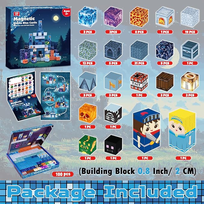 100PCS Magnetic Blocks - Magnet Building Blocks, Stacking Magents Cubes Toys Blue Castle Set, STEM Montessori Sensory Toys for Kids Boys and Girls Ages 3 4 5 6 7 8 9 10 Easter Birthday Gifts