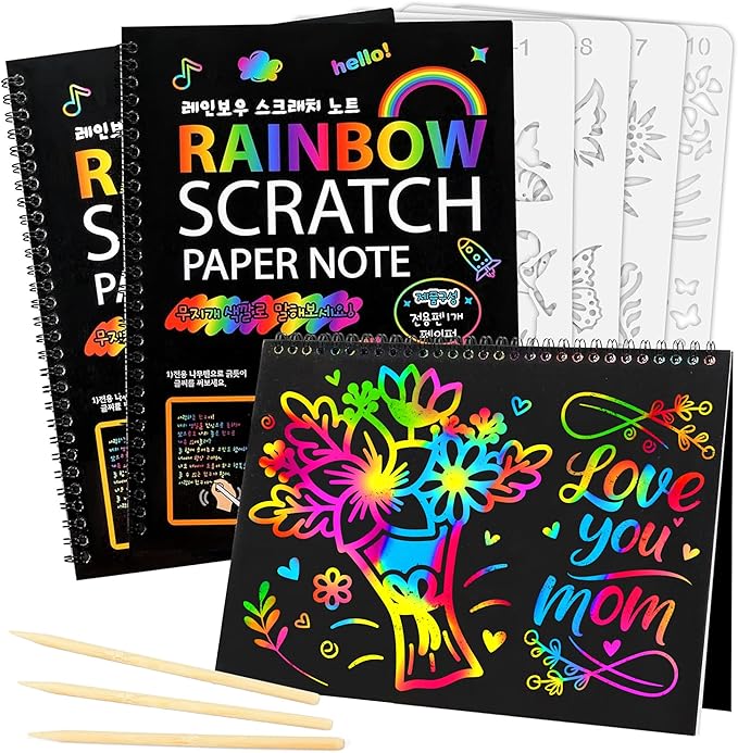 Mocoosy 3 Pack Rainbow Scratch Art Paper Notebooks, Spiral Bound Magic Scratch Pads for Kids Arts Crafts Supplies, Black Sketch Note Coloring Activity Book Easter Basket Stuffer Gifts for Girls Boys