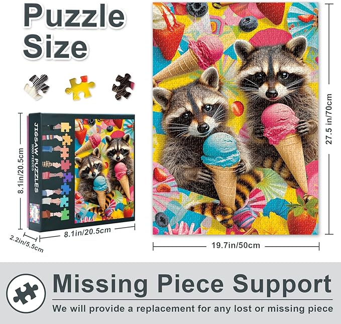 Jigsaw Puzzle 1000 Pieces for Adults, Cute Raccoons Enjoying Tasty Ice Cream 1000 Piece Jigsaw Puzzles, Delicious Summer Adult Puzzles, Educational Finished Size 19.5 x 27.5 Inch